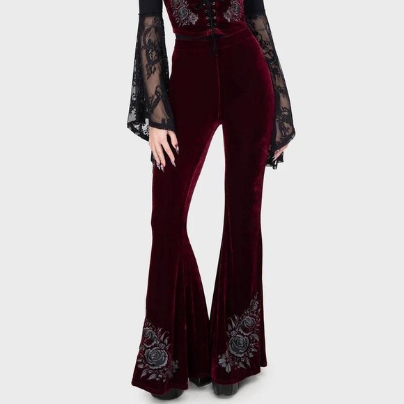 Killstar Pants - Killstar a dvils rose burgundy flare legging pants embroidery goth whimsigoth